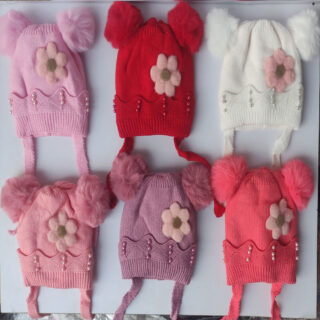 Baby Girl Knitted Winter Cap | Soft Woolen Bandana Style Hat with Flower | Warm Thick Beanie for Toddlers (6 Months-2 years)