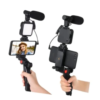 AY49 Vlogging Video Making Kit – LED Fill Light, Noise Reduction Microphone, Mini Tripod with Remote – For Smartphone & Camera Video Recording, YouTube & Live Streaming