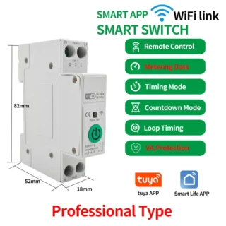 DIN Rail WiFi Circuit Breaker 63A – Smart Timer Switch with Remote Control, Voltage Protection, Energy Metering (kWh), Alexa & Google Compatible – With Warranty