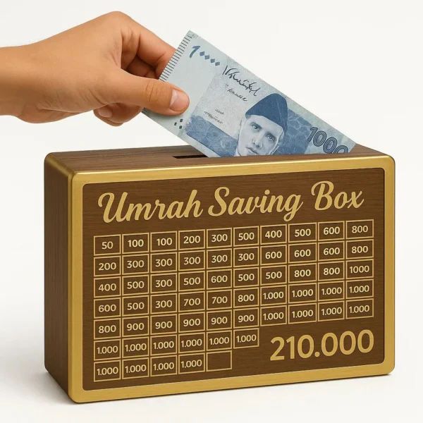 Acrylic Golden Umrah Saving Wooden Box – Large Money Box for Umrah Fund, Gift & Home Use