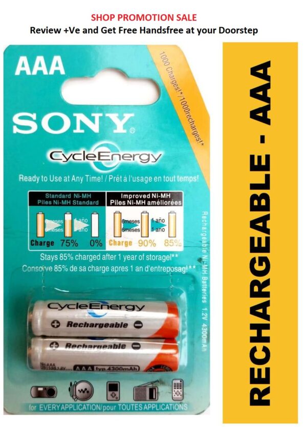 Pack of 2 Sony AAA Rechargeable Batteries – 1.2V 4300mAh NiMH, Pencil Size, Up to 1000 Cycles, Low Self-Discharge