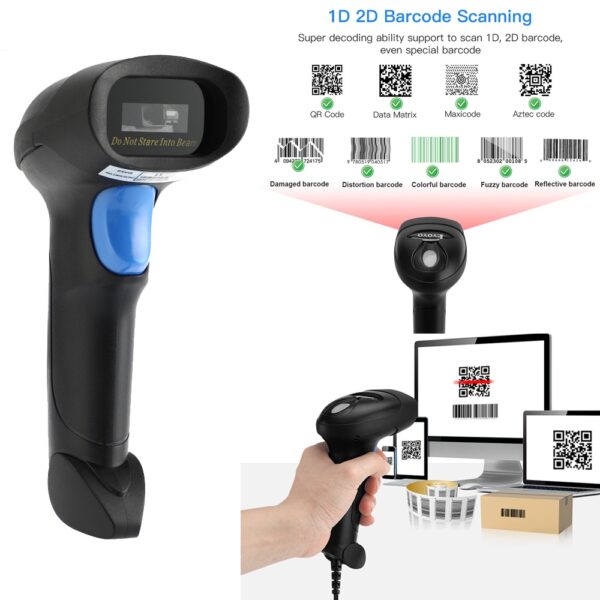 Portable Wired 2D Barcode Scanner – Handheld CMOS USB Barcode & QR Code Reader for 1D2D Codes, PDF417, Data Matrix