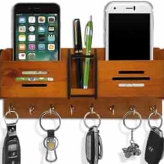 Sweet Home Wooden Key Holder – 8 Hooks, Wall Hanging Organizer for Keys, Mobile & More (Brown)