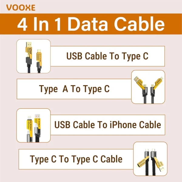 VOOXE 4-in-1 65W Fast Charging Nylon Braided Magnetic Data Cable – USB-A & USB-C to iPhone, Type-C, and Laptops (1.2m) - Image 4