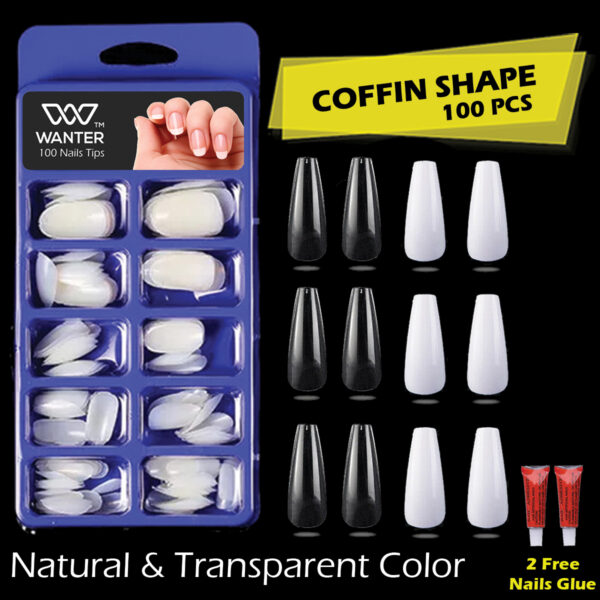 WANTER 100Pcs Fake Nails for Girls – Square, Almond, Oval & Coffin Shapes – Natural & Transparent with 3 Glue Sheets – Durable Artificial Acrylic Nails Kit