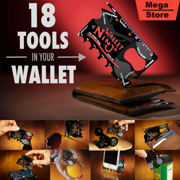 Wallet Ninja 18-in-1 Stainless Steel Card Multitool – Compact Survival & Outdoor Gadget – Black