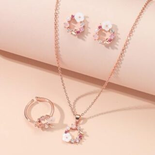 4-Piece Rose Gold Jewelry Set for Women – Flower Design Necklace, Ring, Earrings & Accessories with Zircon