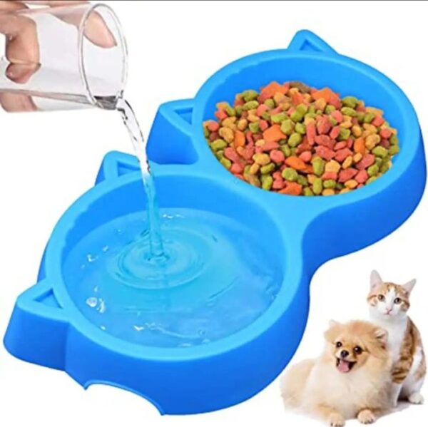 Cat Shaped Double Food Bowl – Non-Slip, Non-Toxic Plastic Pet Feeder – 2-in-1 Food and Water Bowl for Cats, Kittens, Dogs and Puppies – Multi Colour
