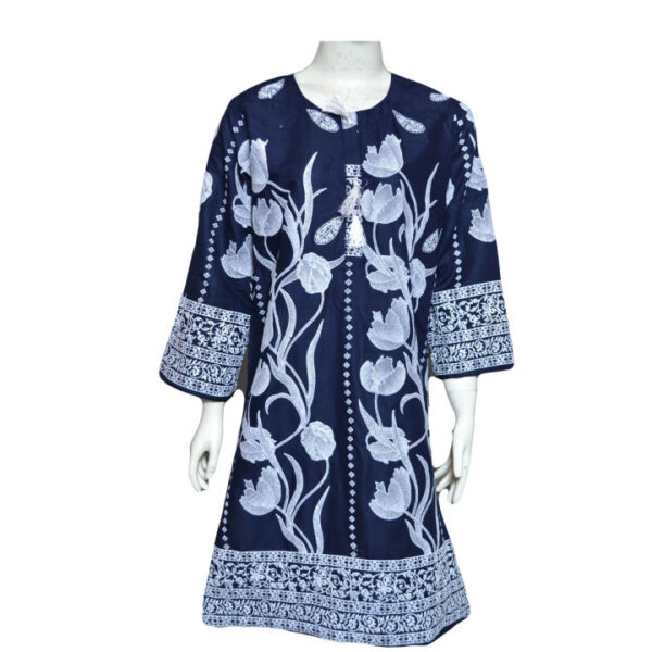 Dzyne Embossed Blue Linen Kurti for Girls & Women – Stylish & Trendy Stitched Wear