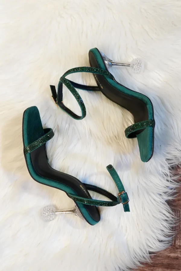 FLAVIE Women’s Heels Styled Sandals – Green, Diamante Strap, Square Toe, 3.2 Inch Heel