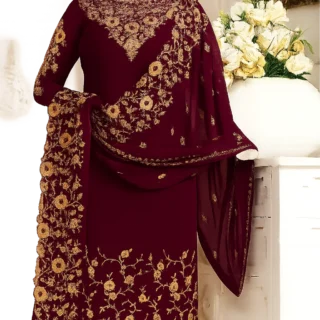 Ladies Maroon Embroidered Chiffon Crinkle Shalwar Kameez FL-36 (Unstitched) – Party & Wedding Wear