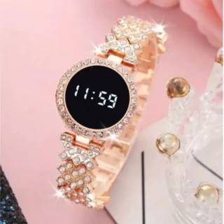 New Fashionable Stone Touch Ladies Digital Watch – Waterproof Round LED Wristwatch with Rhinestone Accents