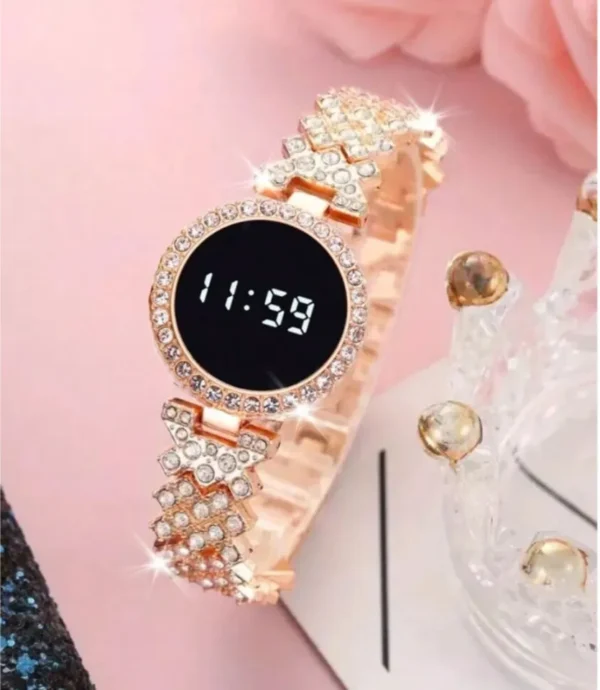 New Fashionable Stone Touch Ladies Digital Watch – Waterproof Round LED Wristwatch with Rhinestone Accents