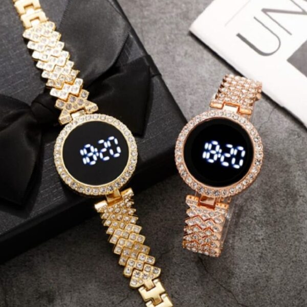 New Fashionable Stone Touch Ladies Digital Watch – Waterproof Round LED Wristwatch with Rhinestone Accents - Image 2