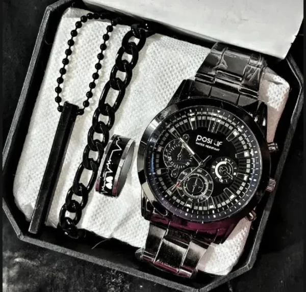 Pack of 4 Men’s Fashion Business Watch Deal – Casual Watch + Chain Bracelet + Heartbeat Ring + 3D Bar Locket