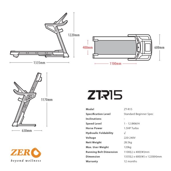 ZTR-15 Treadmill – 1.5HP Motor, 12 Auto Programs, Hydraulic Folding - Image 5