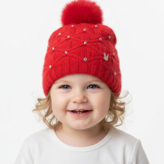 Kids Woolen Winter Cap with Single Pompom | Beaded Design | Soft Knit Beanie for Girls | Double-Layer Warm & Lightweight | Multiple Colors|6 months-3 years